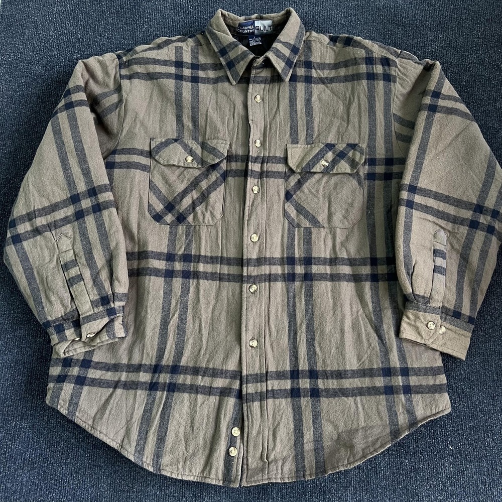 Flannel Country Quilt Shirt Jacket Mens Large Beige Plaid Quilted Flannel Lined